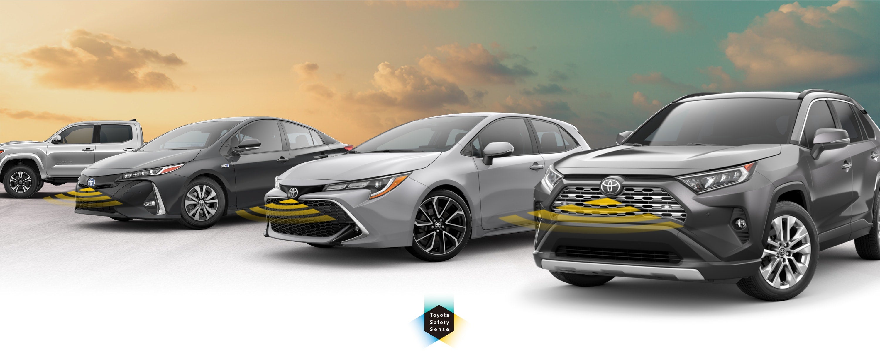 Toyota Safety Sense: Designed for Safety. Options shown on Toyota models including RAV4, Tacoma, and Camry, available now at Peppers Toyota in Paris TN.